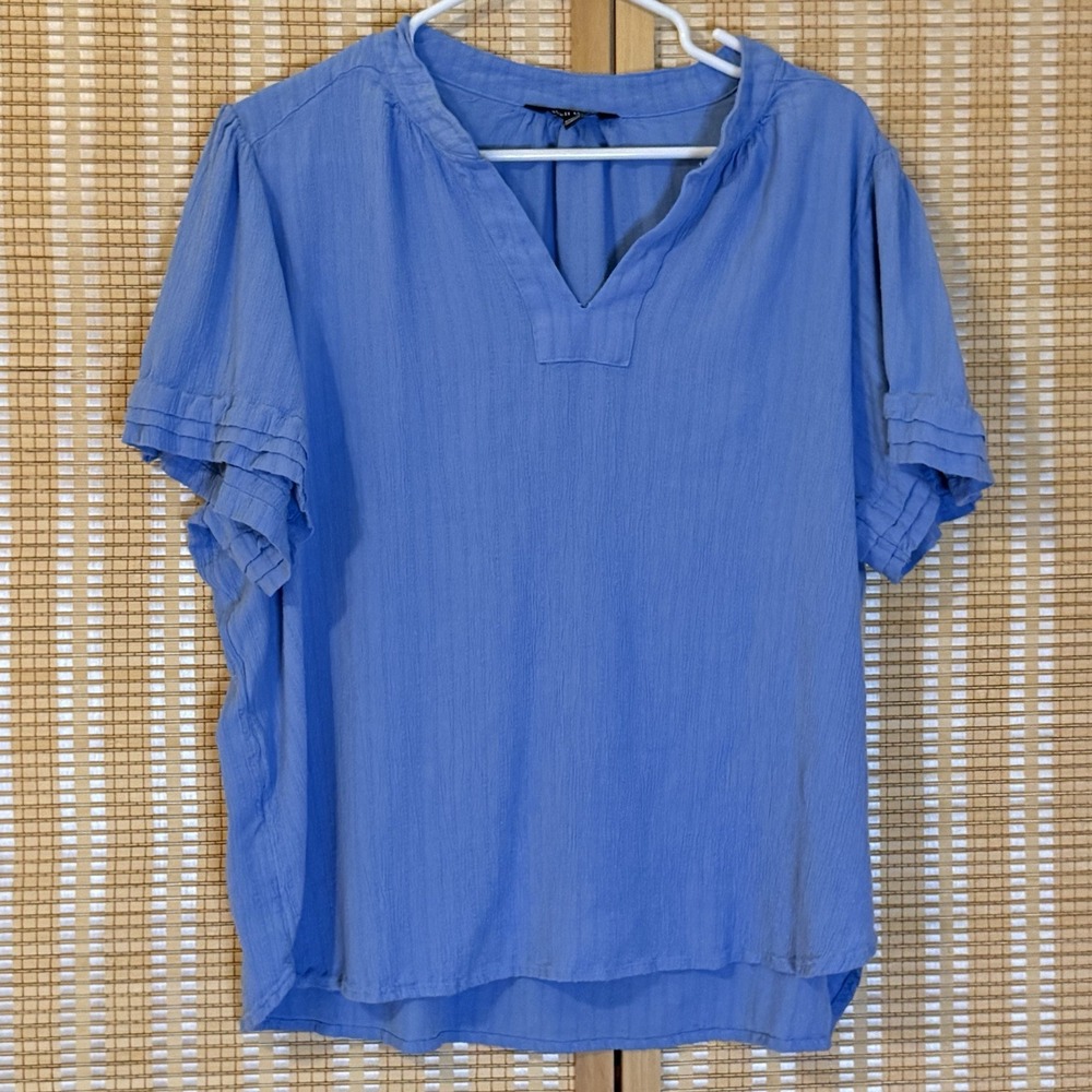 Well Worn Womens 2X Top Blue Short Sleeve Gauzy‎ V Neck Cottagecore Western Boho